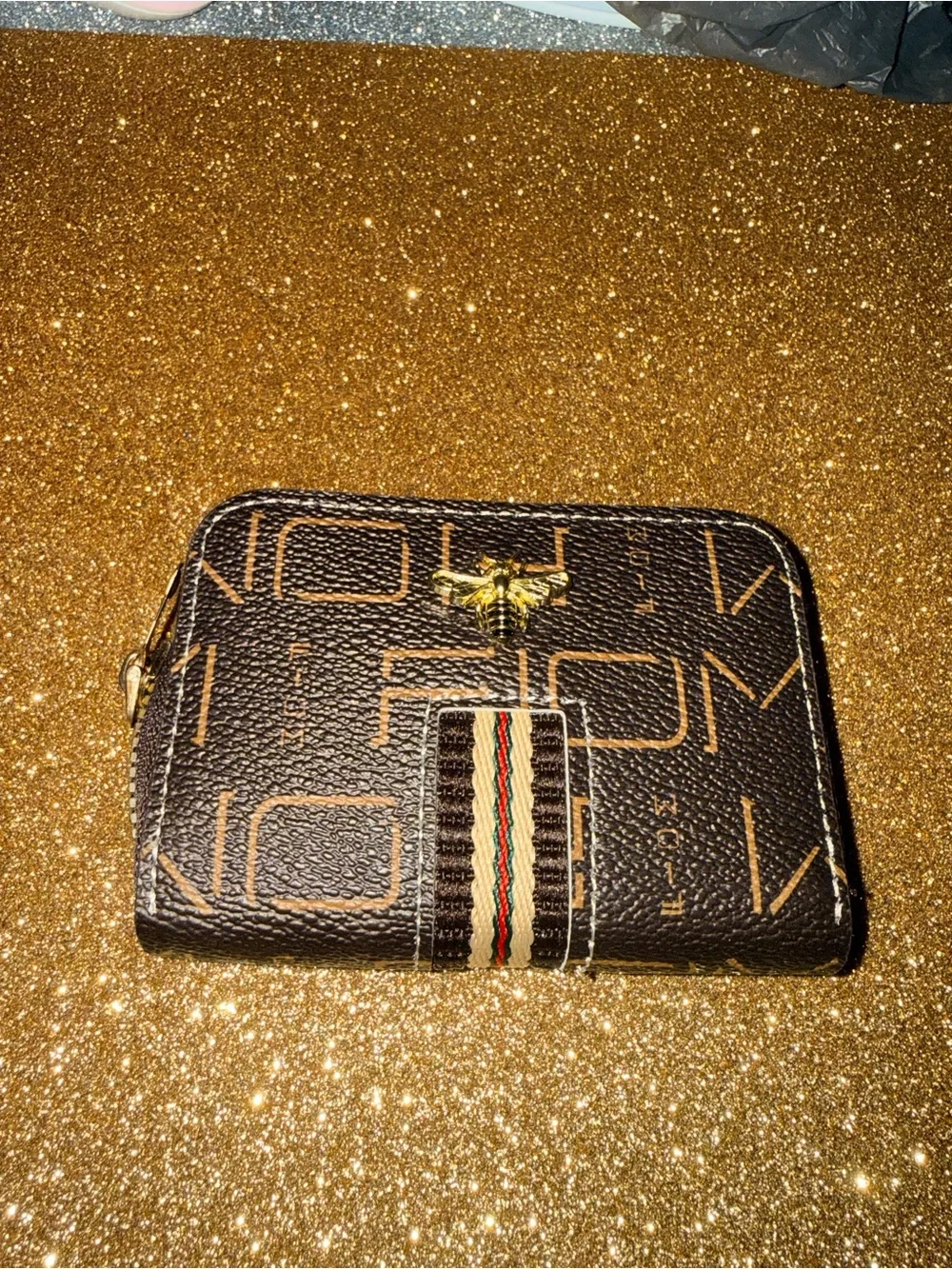 Women’s Brown Zip Card Holder with Gold Bee Accent